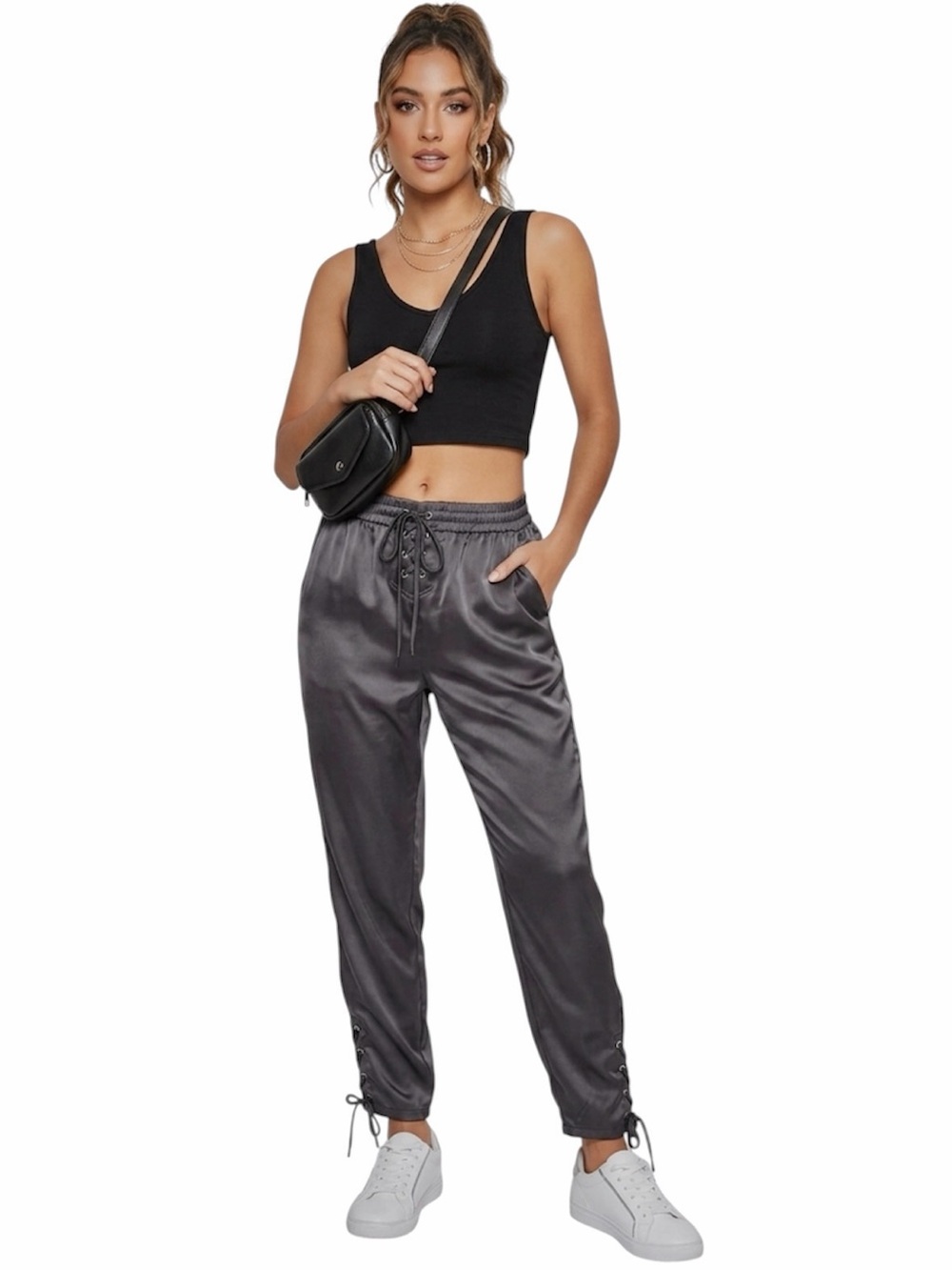 Fate by LFD Dark Gray Satin Lace-Up Joggers NWT Size Medium